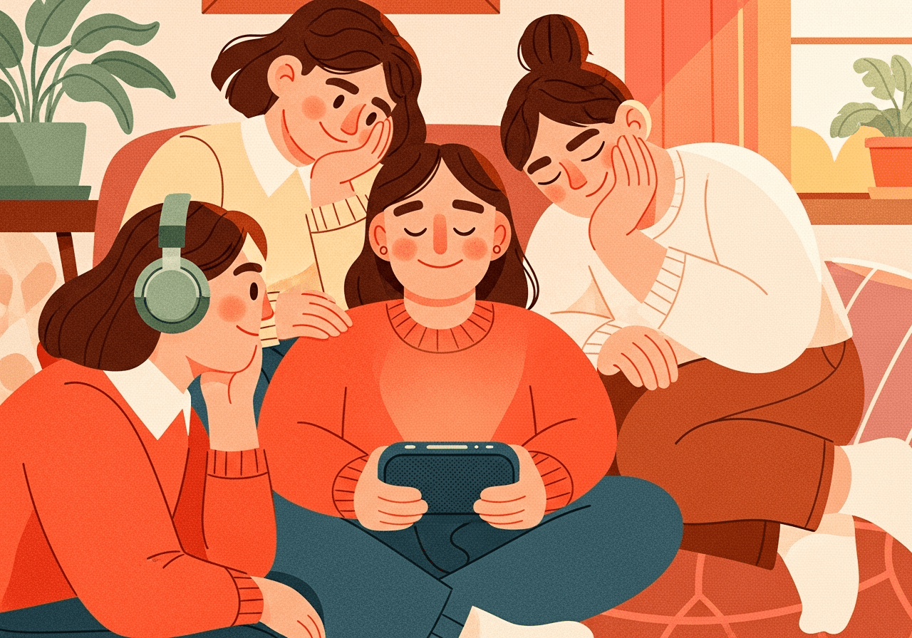 Family gathered listening together