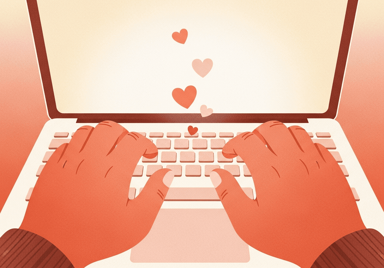 Hands typing, hearts floating up