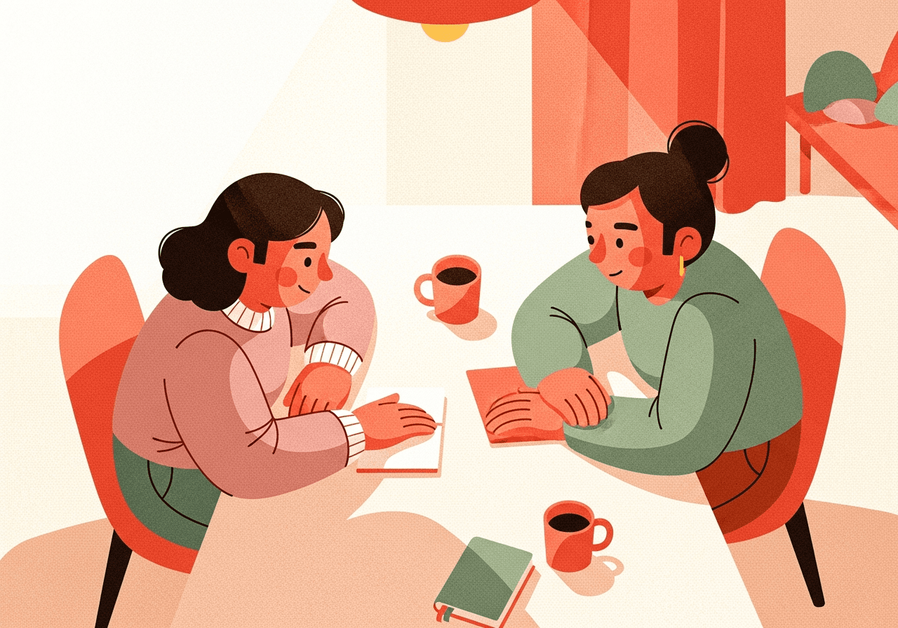 Two people at a table, bird's-eye view